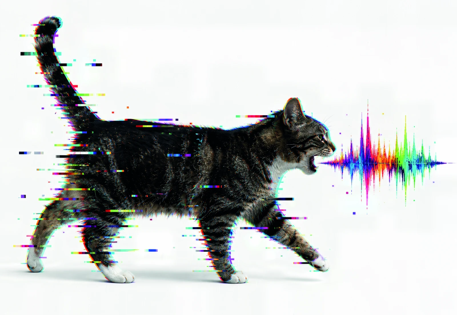 Digitales Motiv: schwarze Katze mit pixelartigen Glitch-Fragmenten und bunter Audio-Schallwelle, die aus dem geöffneten Maul kommt