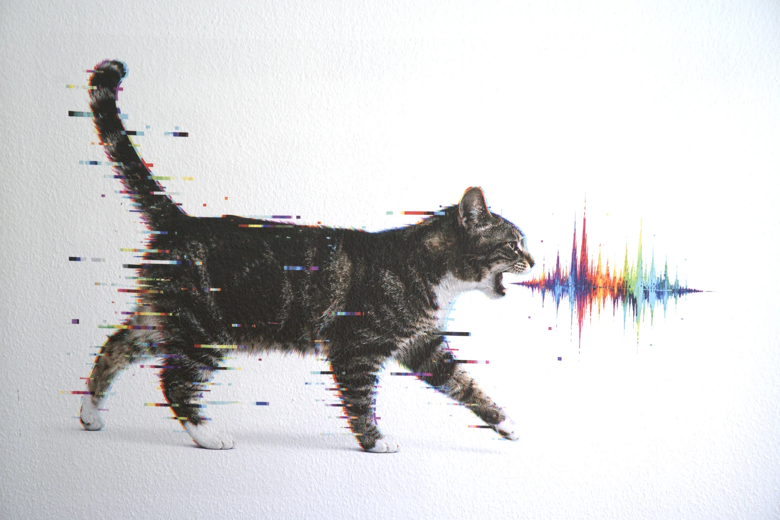 Glitch-Wandbild einer schwarz-weißen Katze mit bunter Schallwelle aus dem Maul, direkt auf eine cremefarbene Wand gedruckt