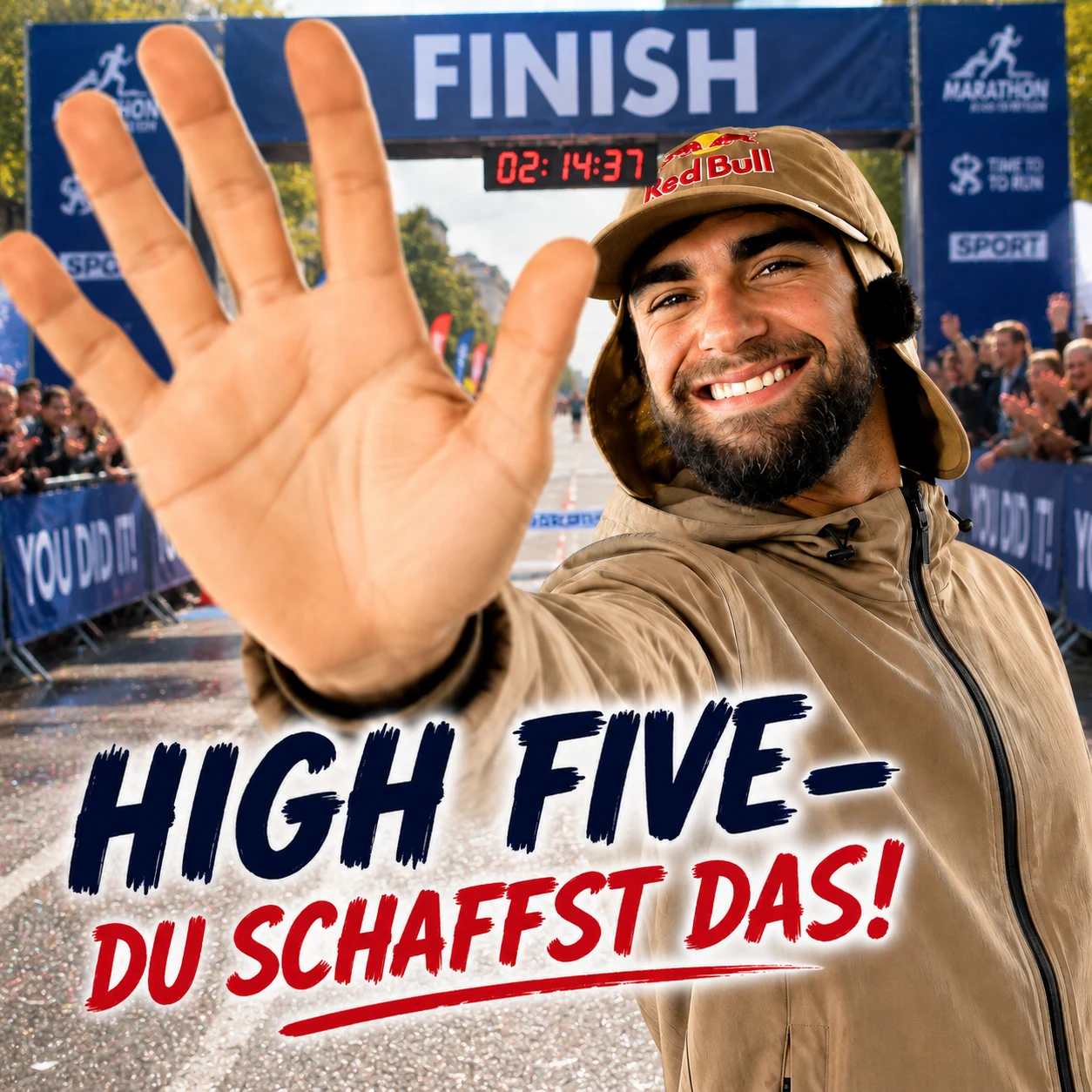 Gedrucktes Motiv: Läufer am Ziel mit übergroßer Hand und Spruch High Five – du schaffst das
