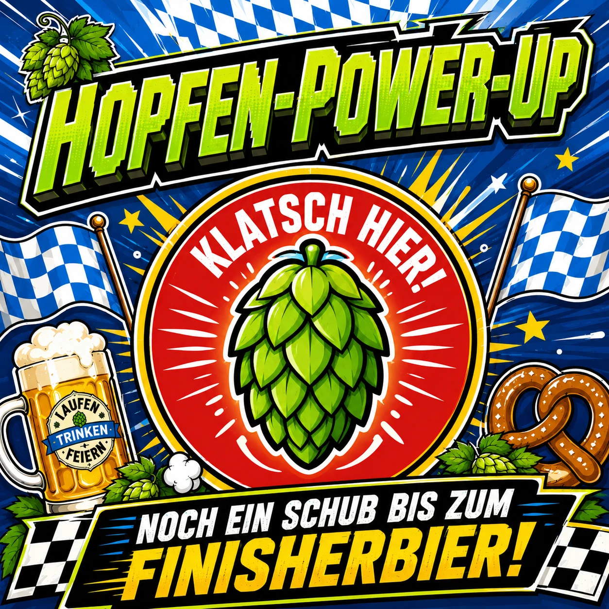 Gedrucktes Motiv Hopfen-Power-Up im Comic-Stil mit dem Spruch Noch ein Schub bis zum Finisherbier